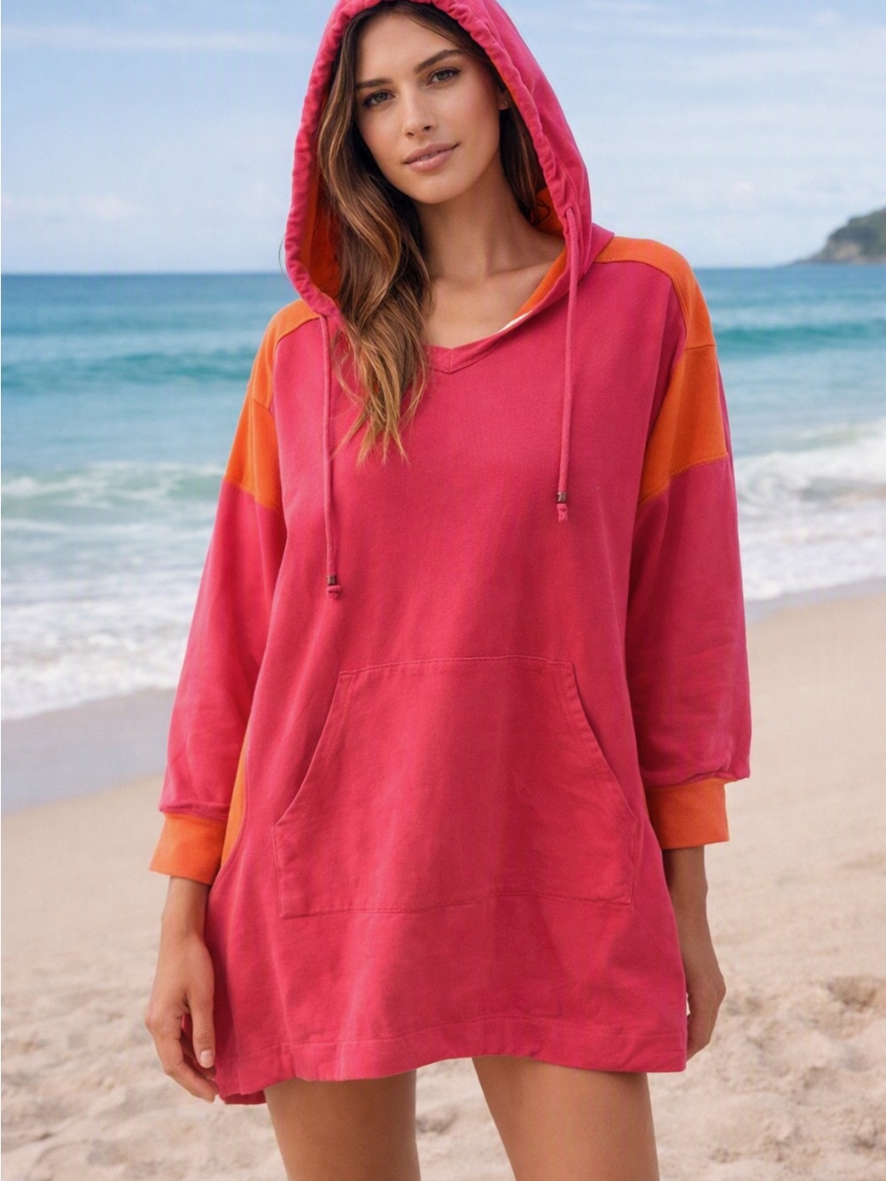 Vera Wang Pink & Orange Hooded Tunic Sweater